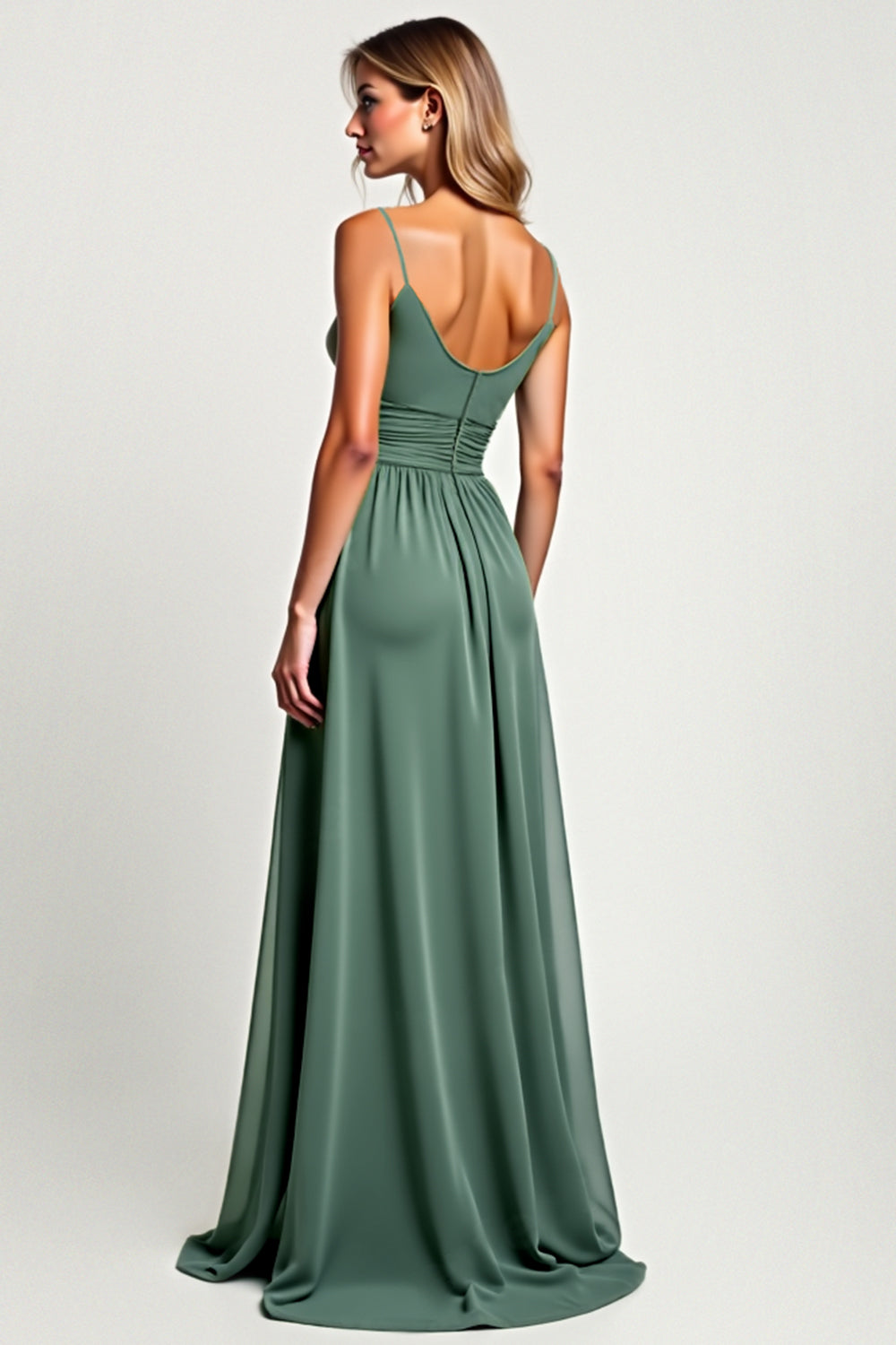 A Line Eucalyptus Ruched Chiffon Long Bridesmaid Dress with Slit