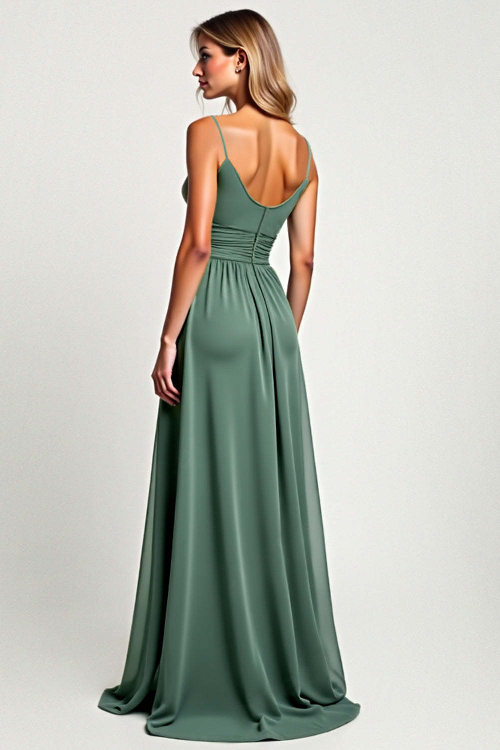 A Line Eucalyptus Ruched Chiffon Long Bridesmaid Dress with Slit