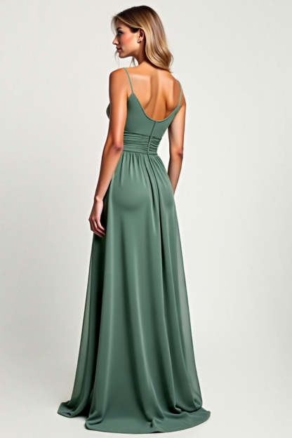 A Line Eucalyptus Ruched Chiffon Long Bridesmaid Dress with Slit
