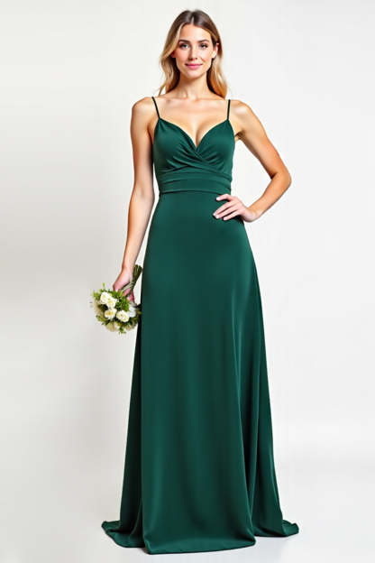 Leely Women Pine Backless Long Bridesmaid Dress Spaghetti Straps V-Neck A Line Wedding Guest Dress