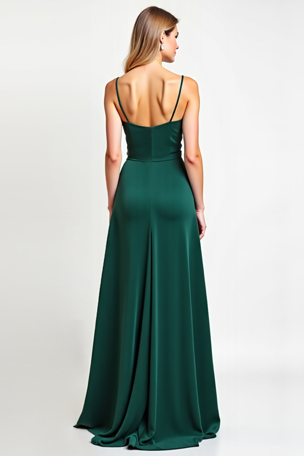 Spaghetti Straps Pine Backless A Line Long Bridesmaid Dress