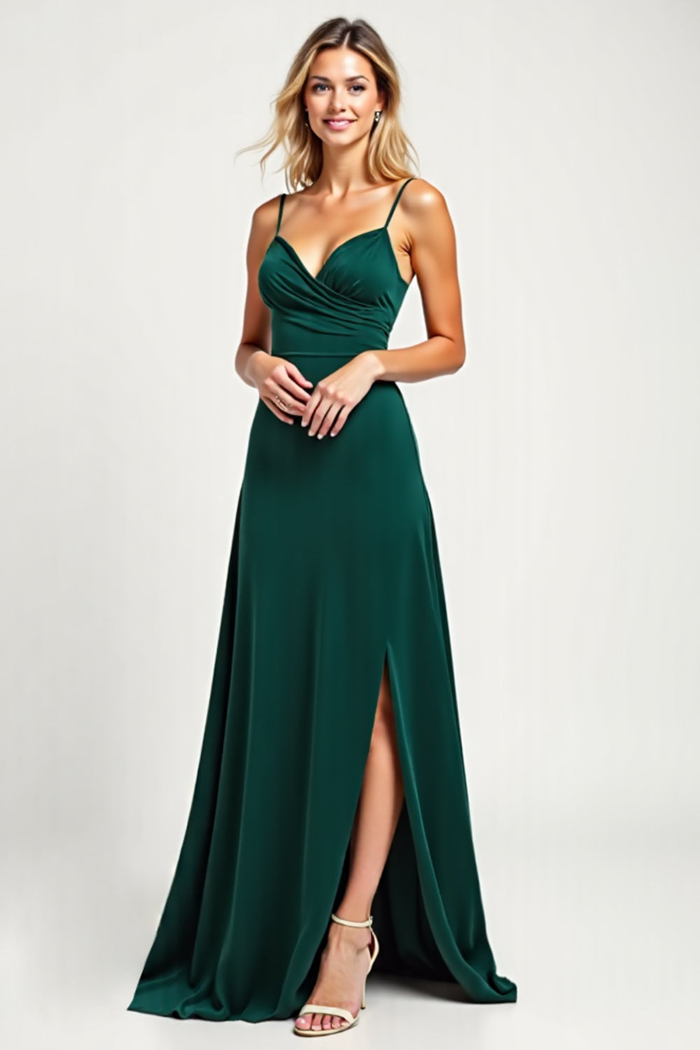 Leely Women Pine V-Neck A Line Long Satin Bridesmaid Dress with Slit Spaghetti Straps Backless Wedding Guest Dress