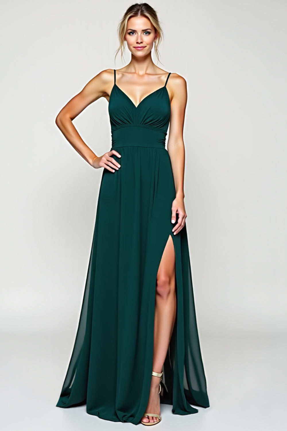 Pine A Line V Neck Long Chiffon Bridesmaid Dress with Slit