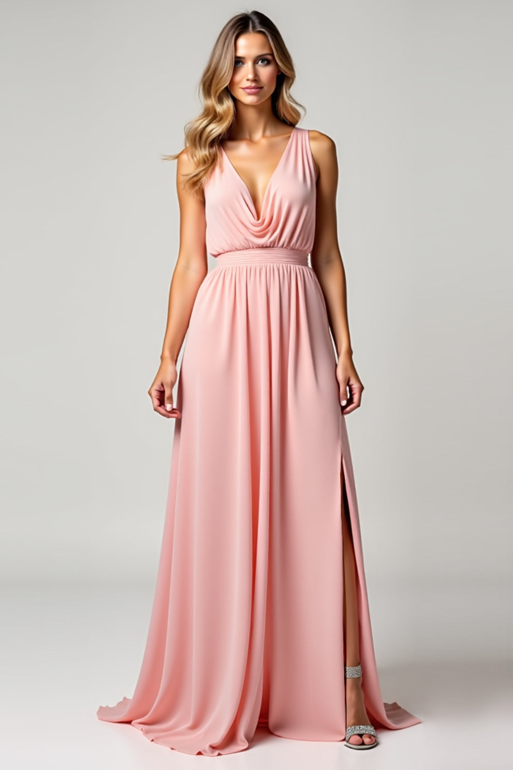 Leely Women Blush Pink V-Neck A Line Long Bridesmaid Dress with Slit Sleeveless Wedding Guest Dress