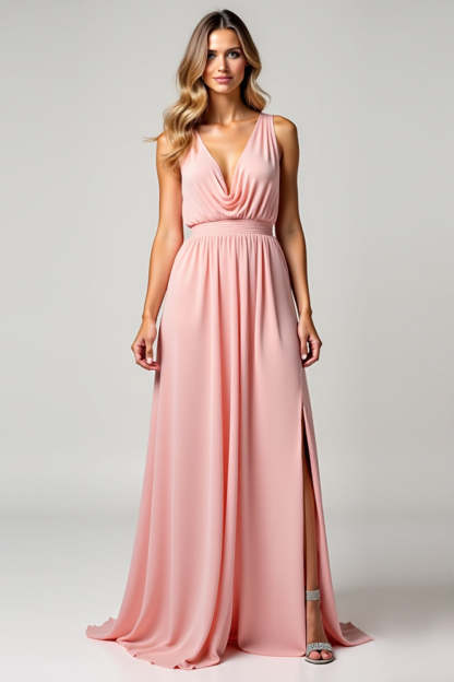 Leely Women Blush Pink V-Neck A Line Long Bridesmaid Dress with Slit Sleeveless Wedding Guest Dress