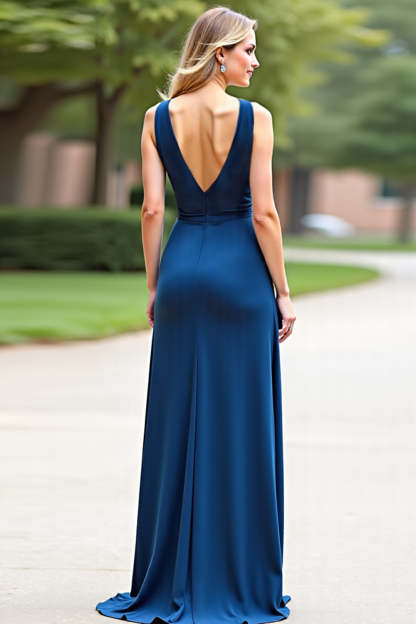 Blue V-Neck Sleeveless Long Sheath Bridesmaid Dress with Slit