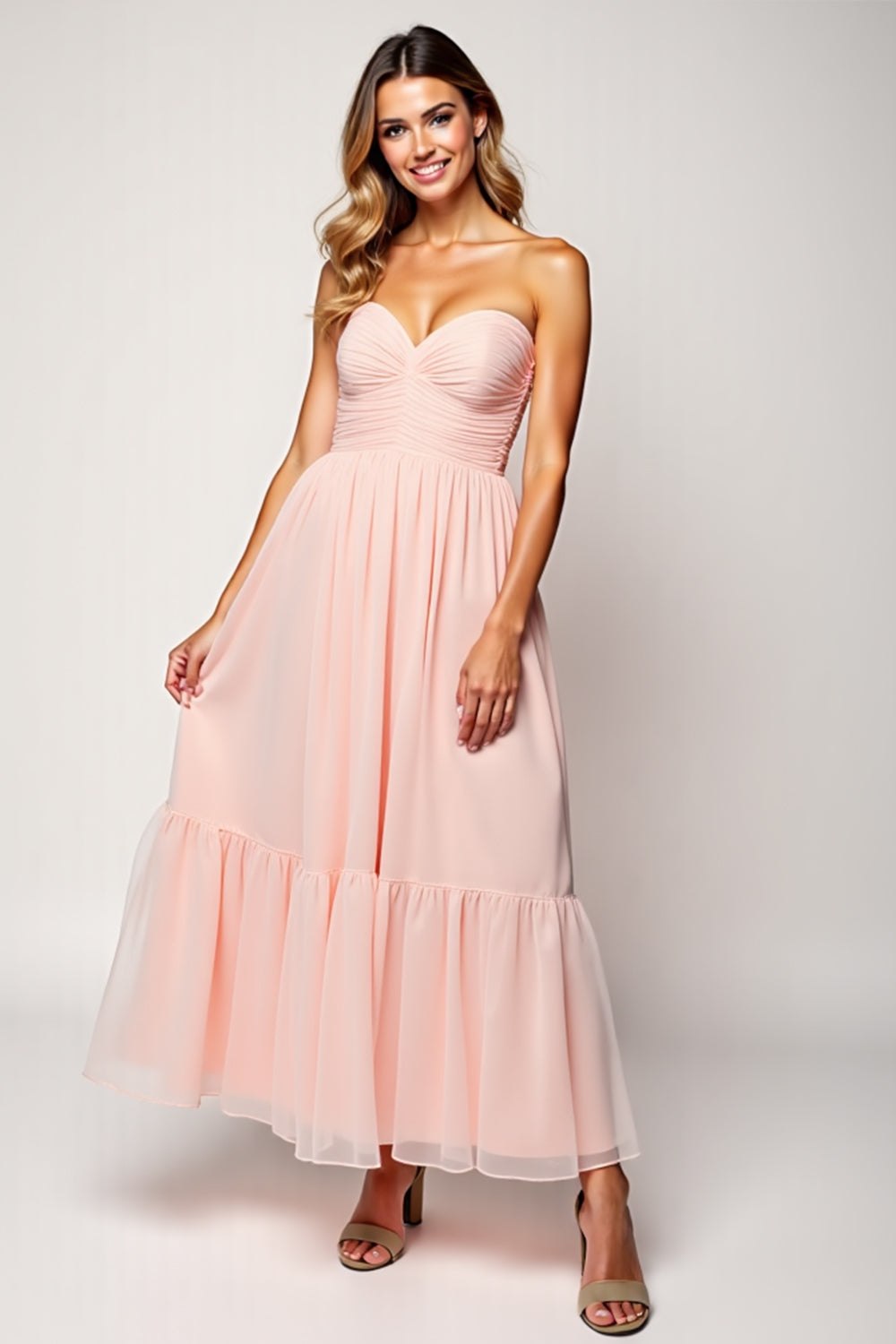 Leely Women Sweetheart Blush Pink Chiffon A Line Long Bridesmaid Dress Strapless Ruched Backless Formal Dress
