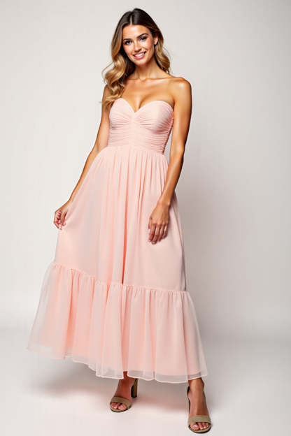Leely Women Sweetheart Blush Pink Chiffon A Line Long Bridesmaid Dress Strapless Ruched Backless Formal Dress