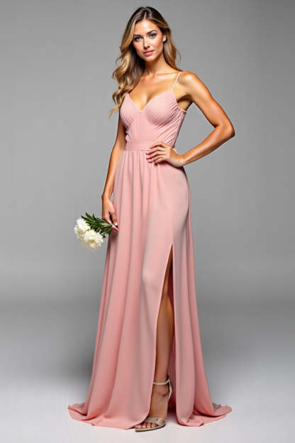 A Line Blush Pink Spaghetti Straps Long Elegant Bridesmaid Dress with Slit