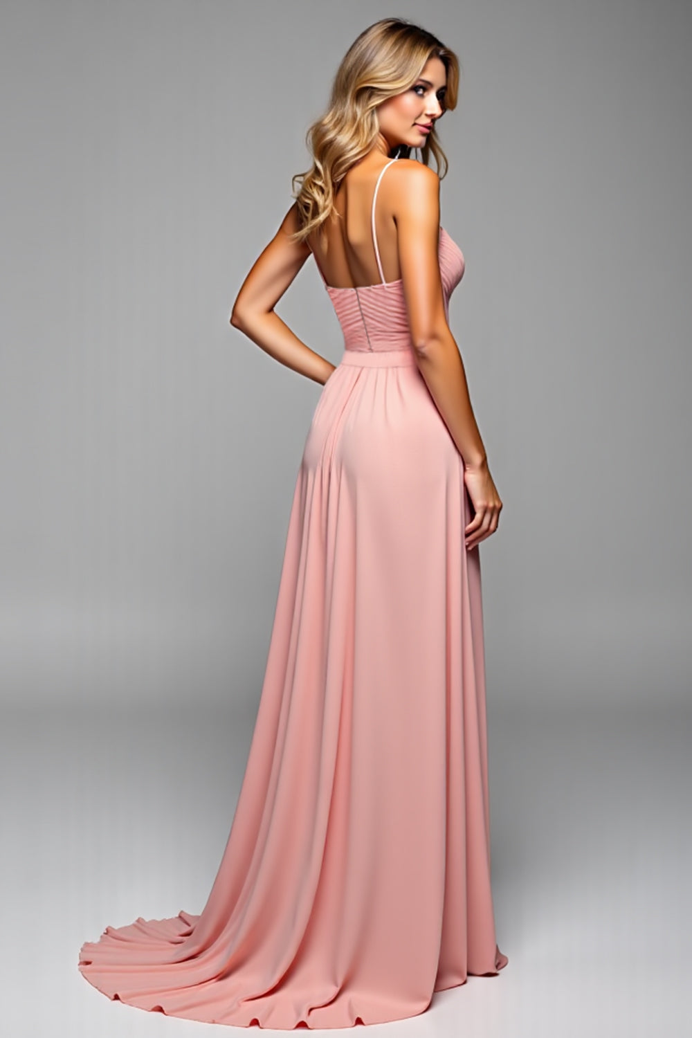 A Line Blush Pink Spaghetti Straps Long Elegant Bridesmaid Dress with Slit