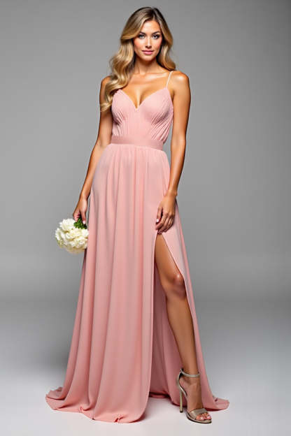Leely Women A Line Blush Pink Long Bridesmaid Dress with Slit Backless Spaghetti Straps V-Neck Wedding Guest Dress