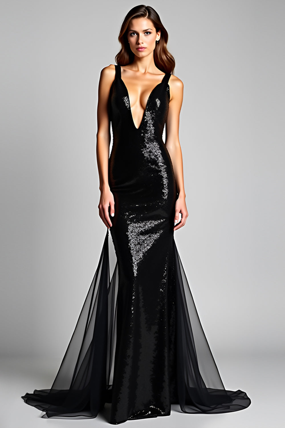 Leely Women Sparkly Mermaid Deep V-Neck Maxi Formal Dress Backless Tulle Sequins Black Tie Dress with Slit