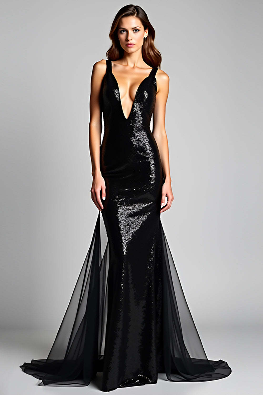 Leely Women Sparkly Mermaid Deep V-Neck Maxi Formal Dress Backless Tulle Sequins Black Tie Dress with Slit