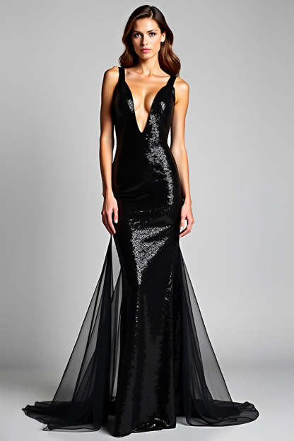 Leely Women Sparkly Mermaid Deep V-Neck Maxi Formal Dress Backless Tulle Sequins Black Tie Dress with Slit