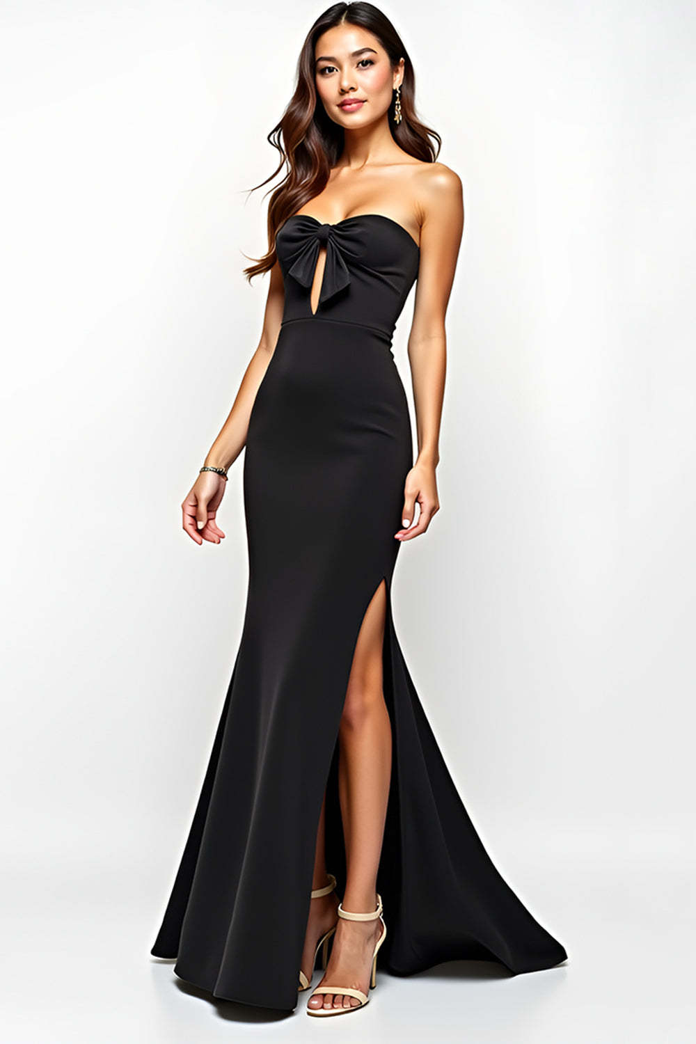 Leely Women Black Mermaid Long Black Tie Dress with Slit Keyhole Strapless Formal Dress with Bow