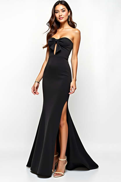 Leely Women Black Mermaid Long Black Tie Dress with Slit Keyhole Strapless Formal Dress with Bow