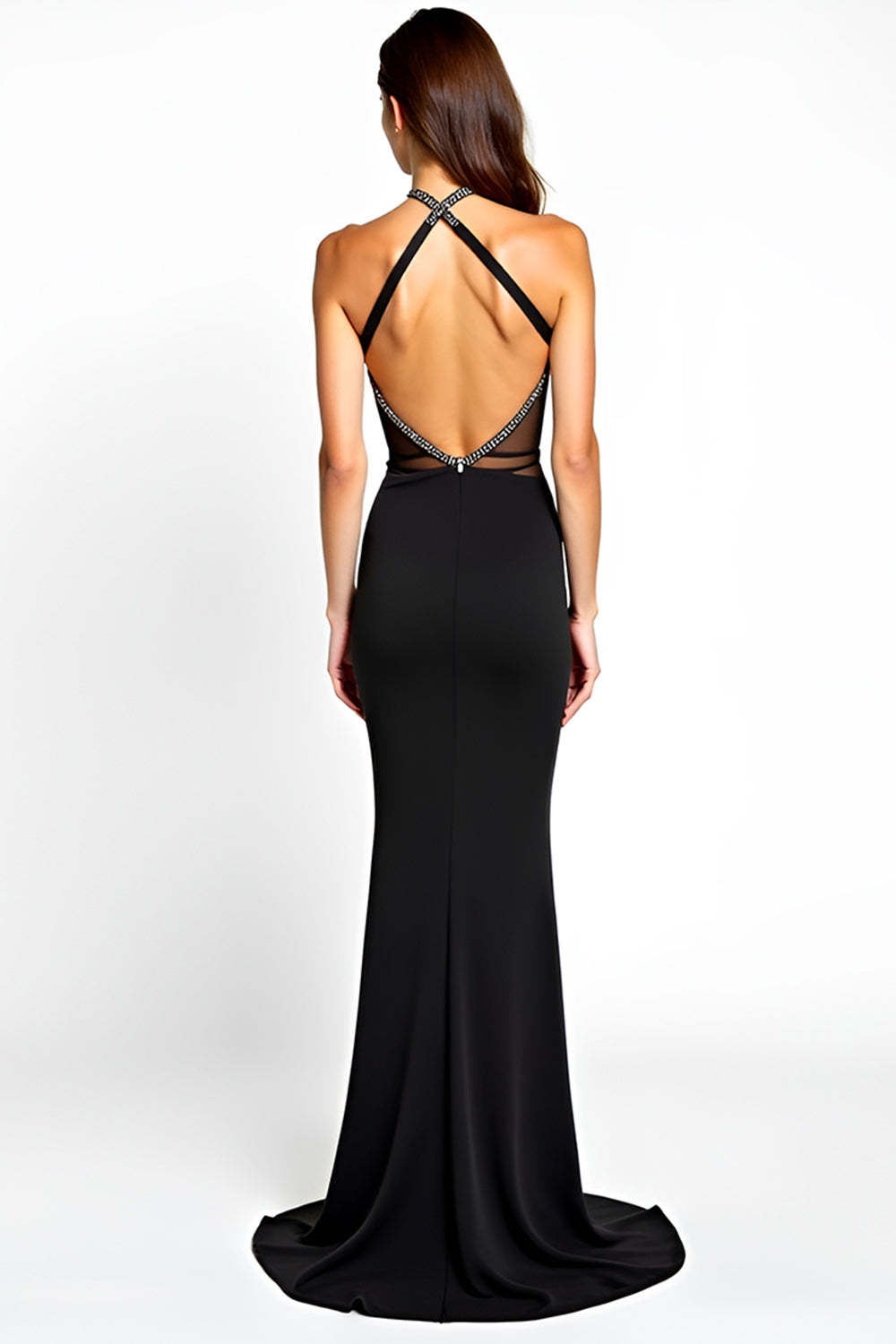 Black Mermaid V-Neck Beaded Floor Length Formal Dress with Slit