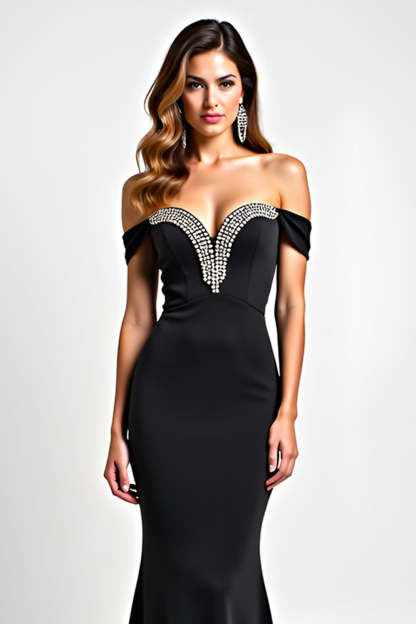 Black Mermaid Off the Shoulder Beaded Long Formal Dress