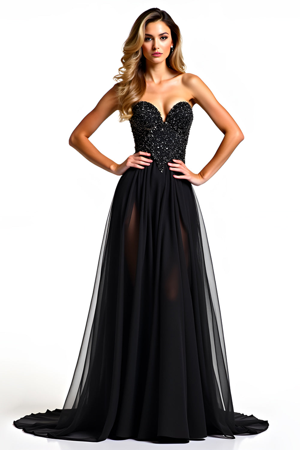 Leely Women Black A Line Sweetheart Long Formal Dress Strapless Tulle Beaded Black Tie Dress