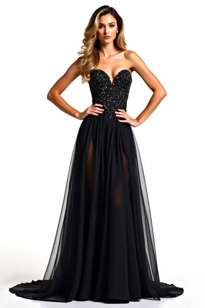Leely Women Black A Line Sweetheart Long Formal Dress Strapless Tulle Beaded Black Tie Dress