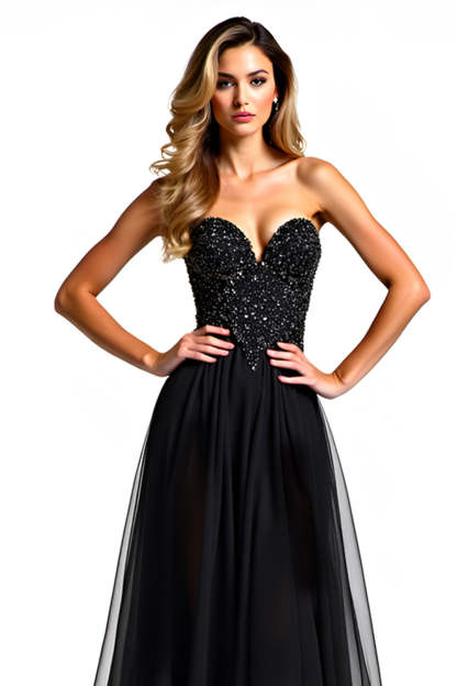 Black A Line Tulle Strapless Sweetheart Long Formal Dress