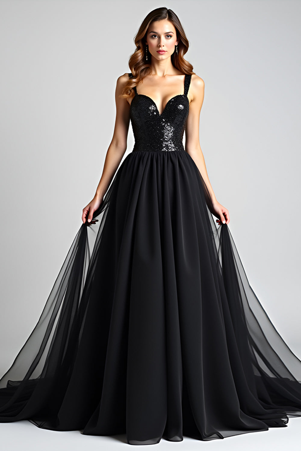 Leely Women Black A Line Long Formal Dress with Sequins V-Neck Backless Black Tie Dress