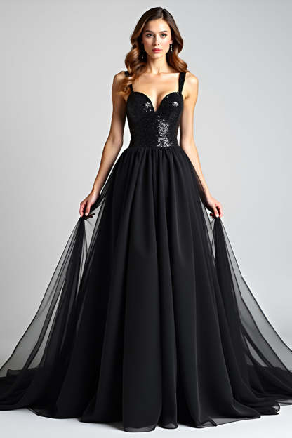 Leely Women Black A Line Long Formal Dress with Sequins V-Neck Backless Black Tie Dress