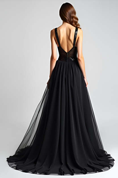 Black A Line Long Backless Formal Dress with Sequins