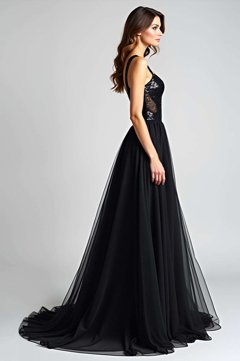 Black A Line Long Backless Formal Dress with Sequins