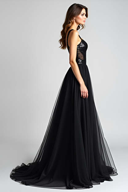 Black A Line Long Backless Formal Dress with Sequins