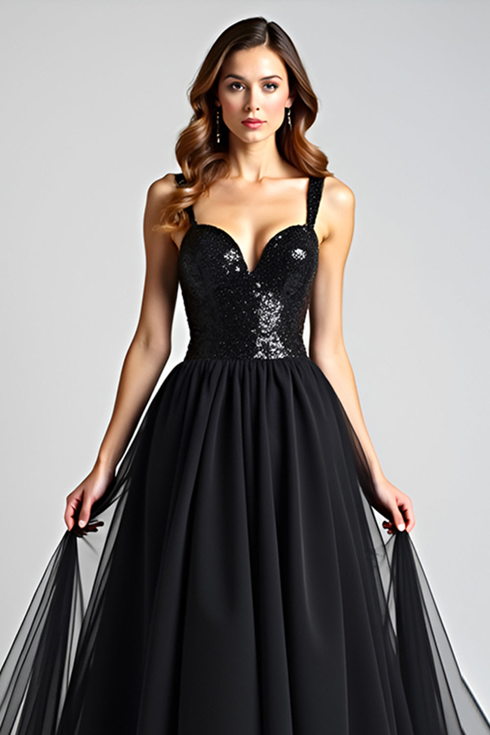 Black A Line Long Backless Formal Dress with Sequins