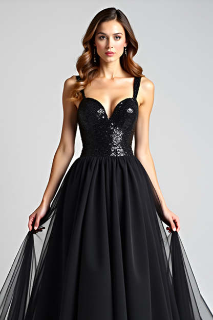 Black A Line Long Backless Formal Dress with Sequins