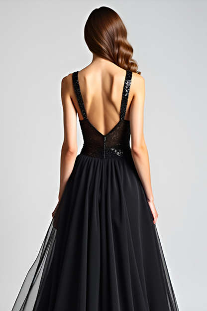 Black A Line Long Backless Formal Dress with Sequins