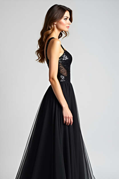 Black A Line Long Backless Formal Dress with Sequins