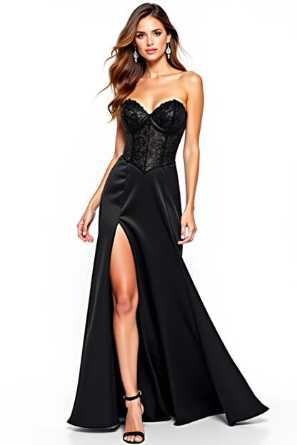 Leely Women Black Sheath Corset Long Formal Dress with Slit Strapless Sweetheart Sleeveless Black Tie Dress