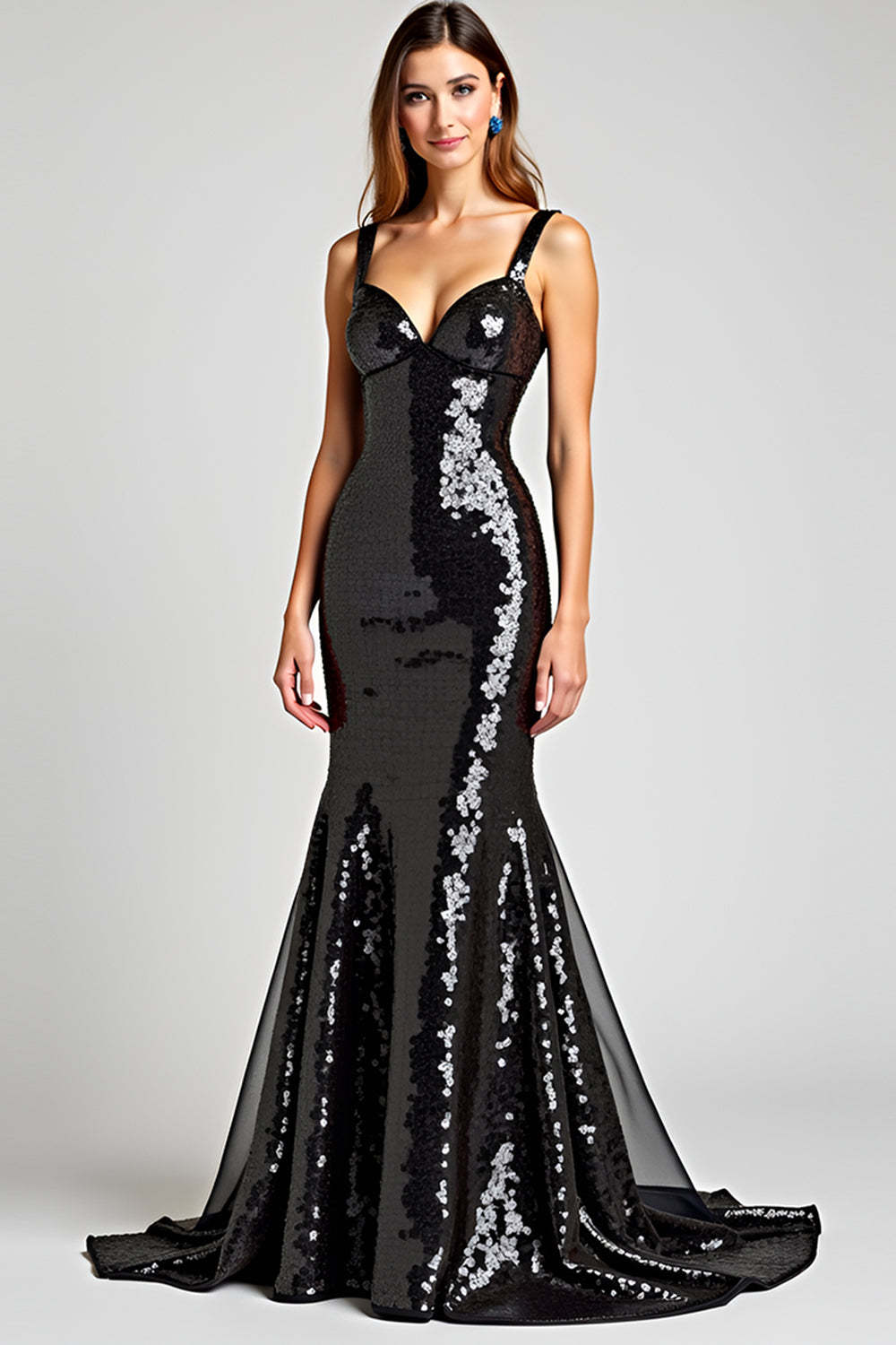 Leely Women Sparkly Mermaid Black Long Formal Dress Backless Sleeveless Sequins Spaghetti Straps Black Tie Dress