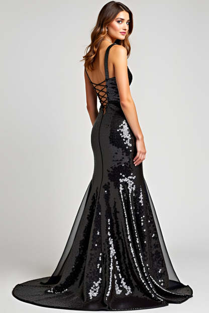 Black Mermaid Sequined Corset Long Formal Dress