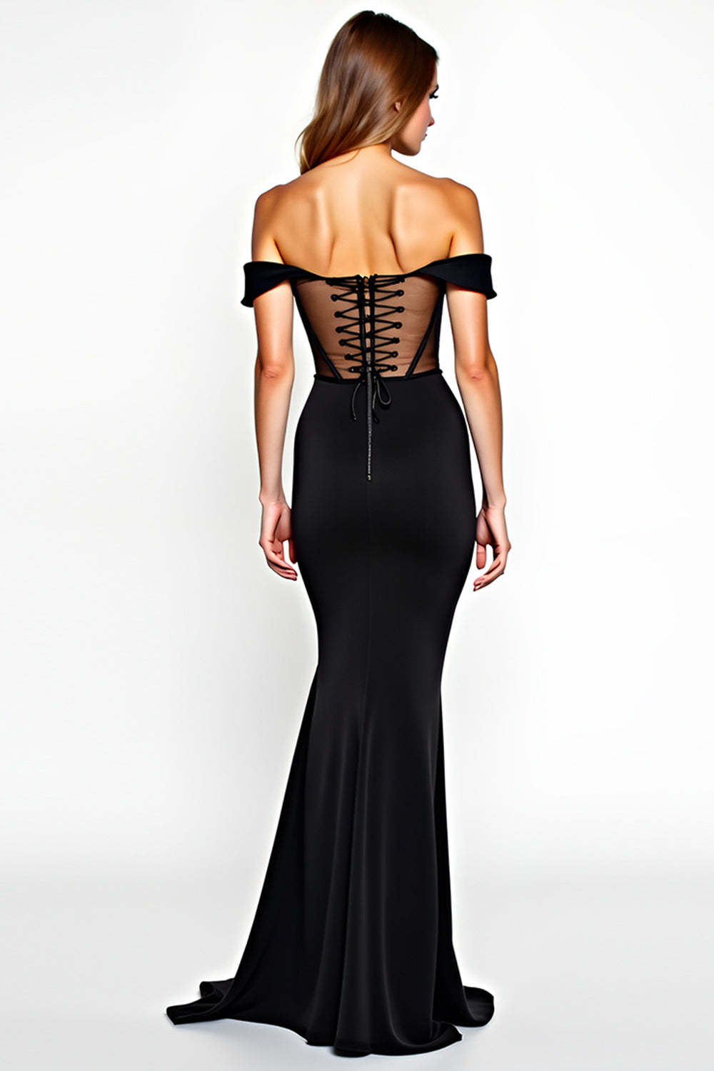 Black Mermaid Off the Shoulder Corset Maxi Formal Dress with Slit