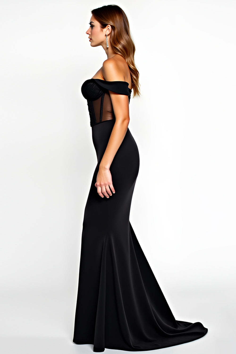 Black Mermaid Off the Shoulder Corset Maxi Formal Dress with Slit