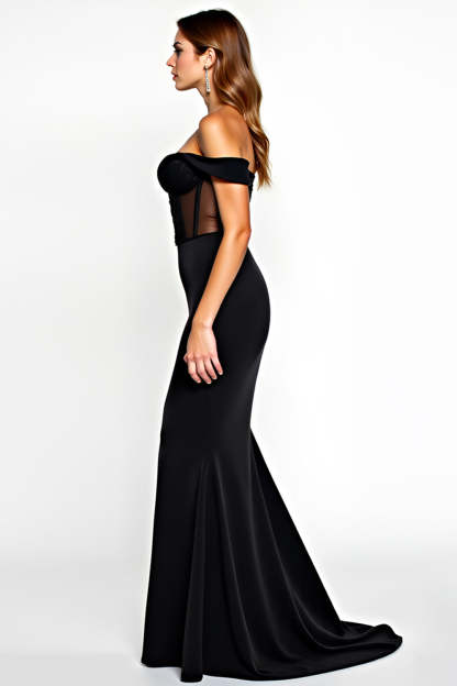 Black Mermaid Off the Shoulder Corset Maxi Formal Dress with Slit