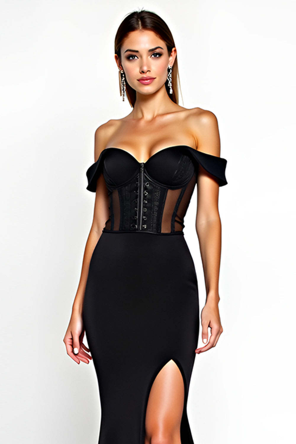 Black Mermaid Off the Shoulder Corset Maxi Formal Dress with Slit