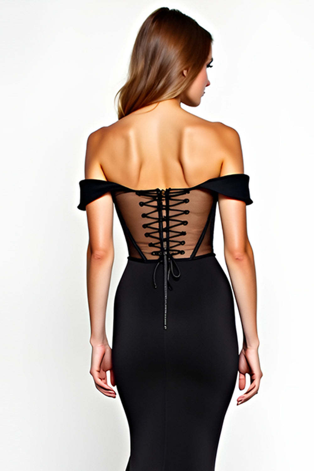 Black Mermaid Off the Shoulder Corset Maxi Formal Dress with Slit