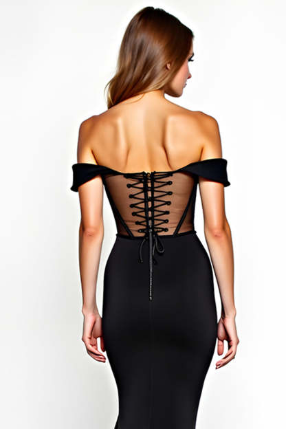 Black Mermaid Off the Shoulder Corset Maxi Formal Dress with Slit
