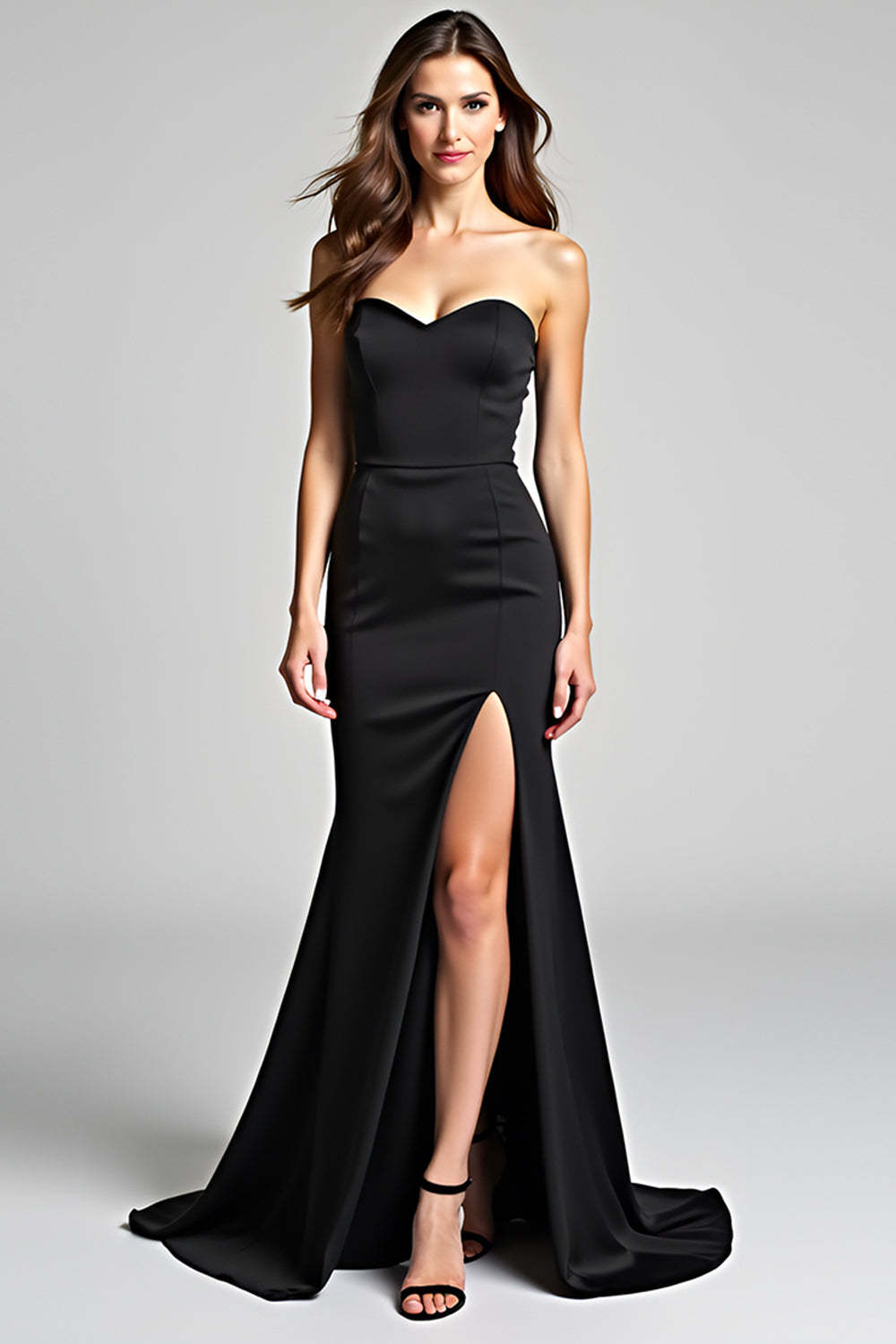 Leely Women Black Mermaid Strapless Long Formal Dress with Slit Sweetheart Backless Sleeveless Sweep Train Black Tie Dress