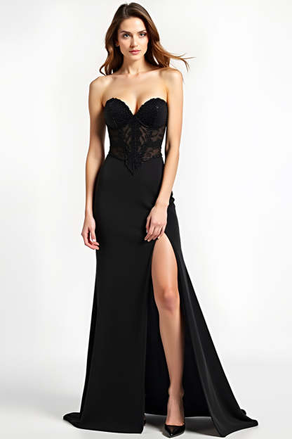 Leely Women Black Sweetheart Long Formal Dress with Slit Appliques Strapless Backless Sleeveless Black Tie Dress