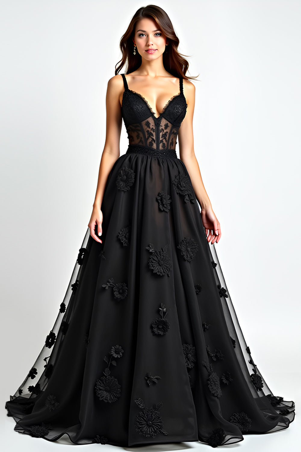 Leely Women Black A Line Lace Corset Long Formal Dress Appliques Backless Sleeveless Black Tie Dress