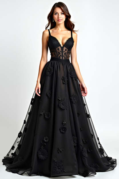 Leely Women Black A Line Lace Corset Long Formal Dress Appliques Backless Sleeveless Black Tie Dress