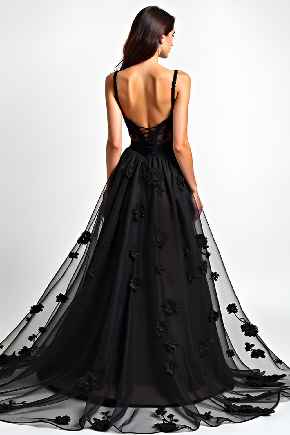 Black A Line Corset Long Appliqued Formal Dress