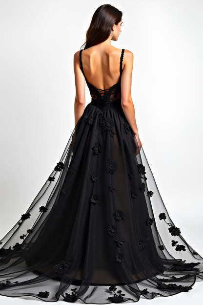 Black A Line Corset Long Appliqued Formal Dress