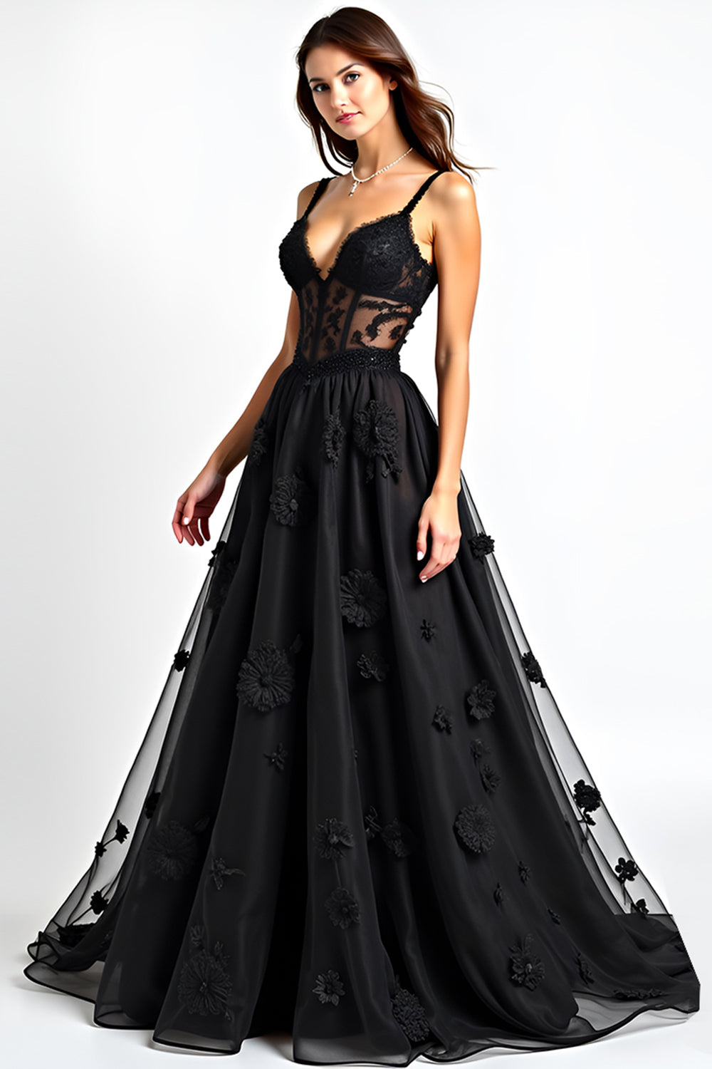 Black A Line Corset Long Appliqued Formal Dress